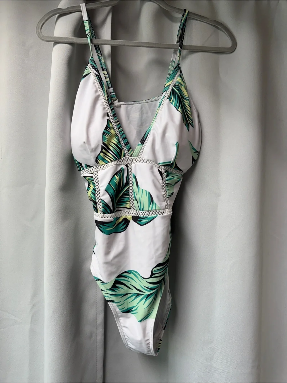 SHEIN White One-Piece Swimsuit with Green Leaf Print
